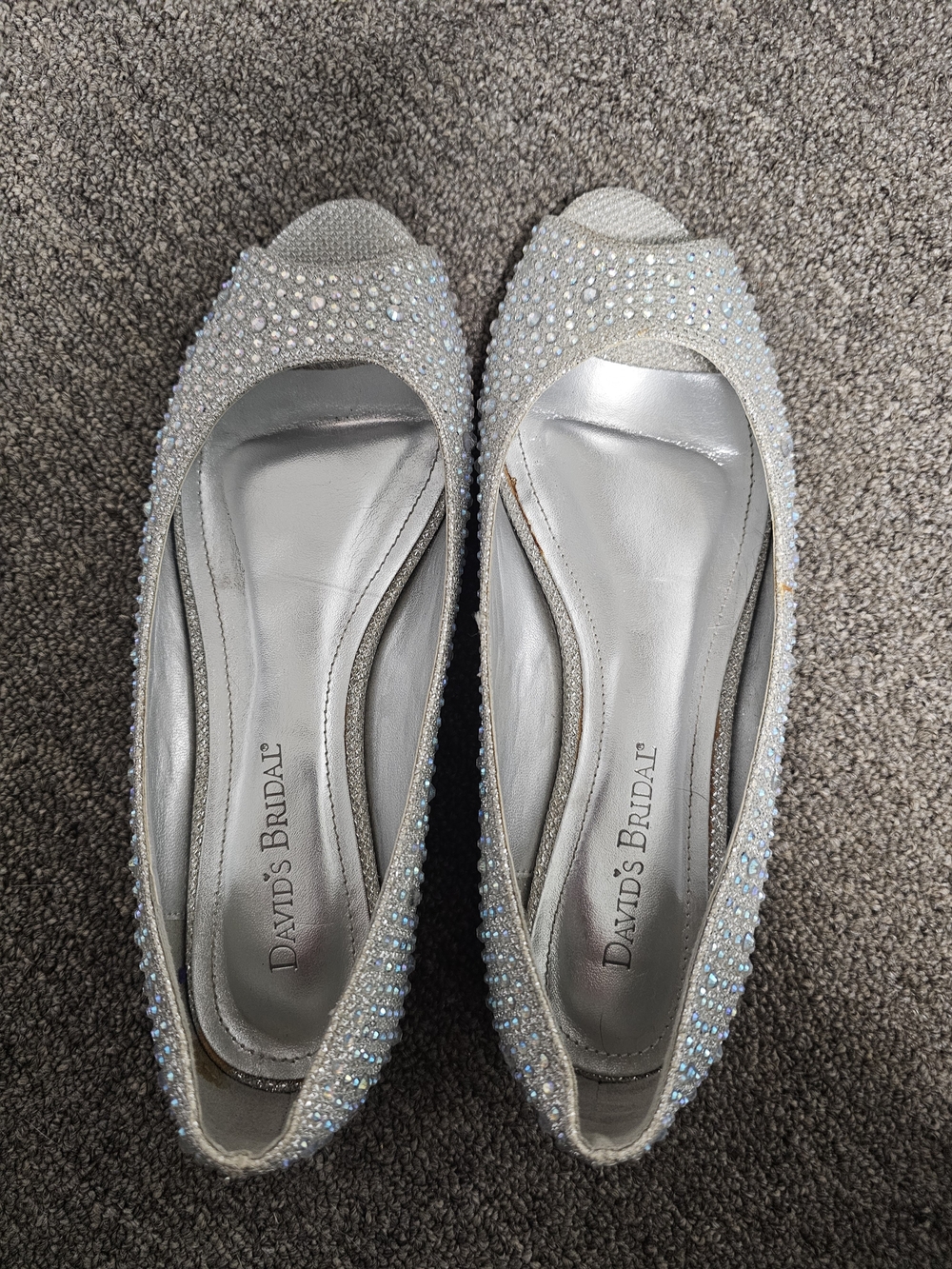 David's Bridal Silver Crystal Open-Toe Flats